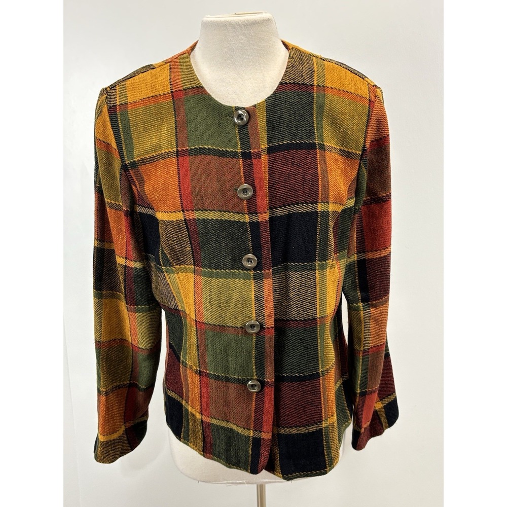 Vtg Sag Harbor Plaid Blazer Jacket Women's 14 Button Front Fall Colors Granny